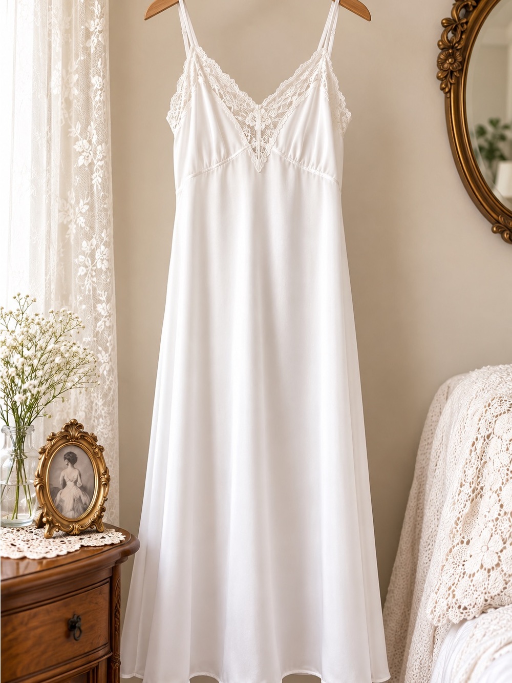 Vintage Shadowline White Lace Full Slip Nightgown 34 Tall USA Made Nylon